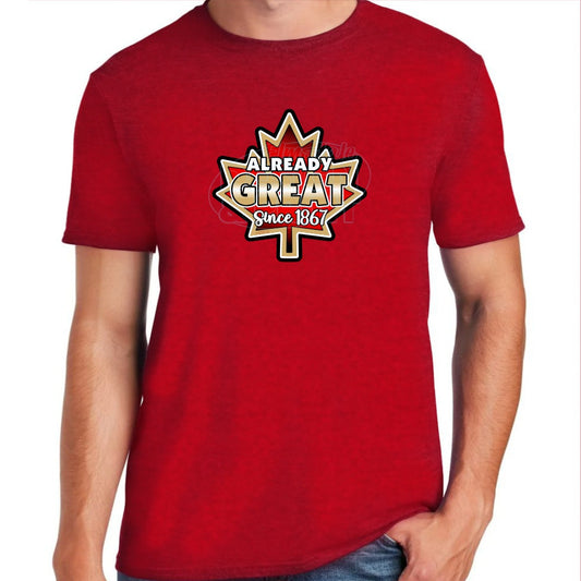 Soft ringspun cotton red t-shirt with A bright red vintage Maple Leaf with gold & black edges & Already Great since 1867