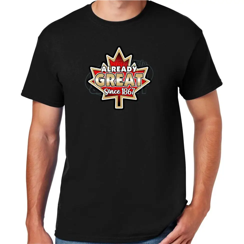 Soft ringspun cotton black t-shirt with A bright red vintage Maple Leaf with gold & black edges & Already Great since 1867