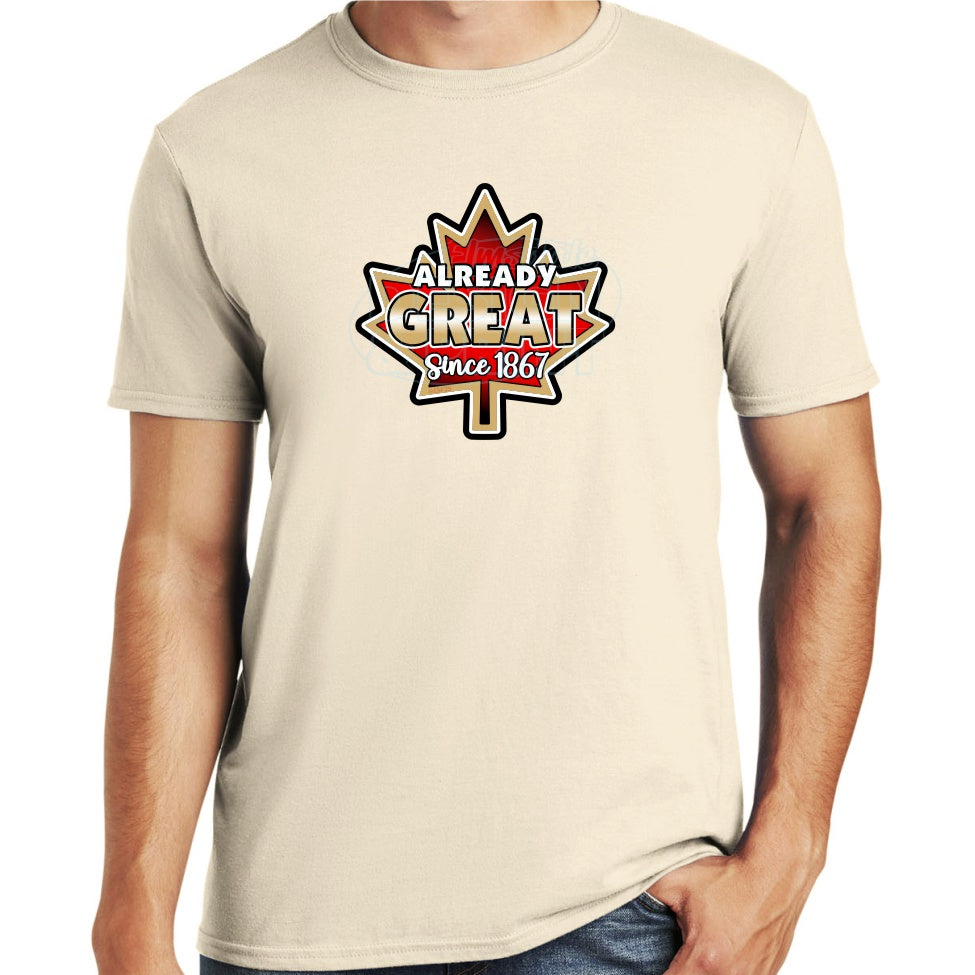 Soft ringspun cotton sand t-shirt with A bright red vintage Maple Leaf with gold & black edges & Already Great since 1867