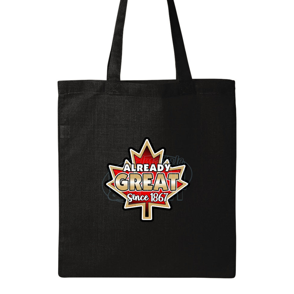 15x16" solid black canvas tote bag with A bright red vintage Maple Leaf with gold & black edges & Already Great since 1867