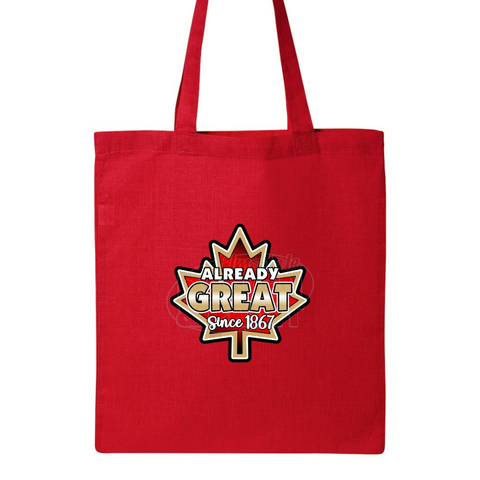 15x16" solid red canvas tote bag with A bright red vintage Maple Leaf with gold & black edges & Already Great since 1867