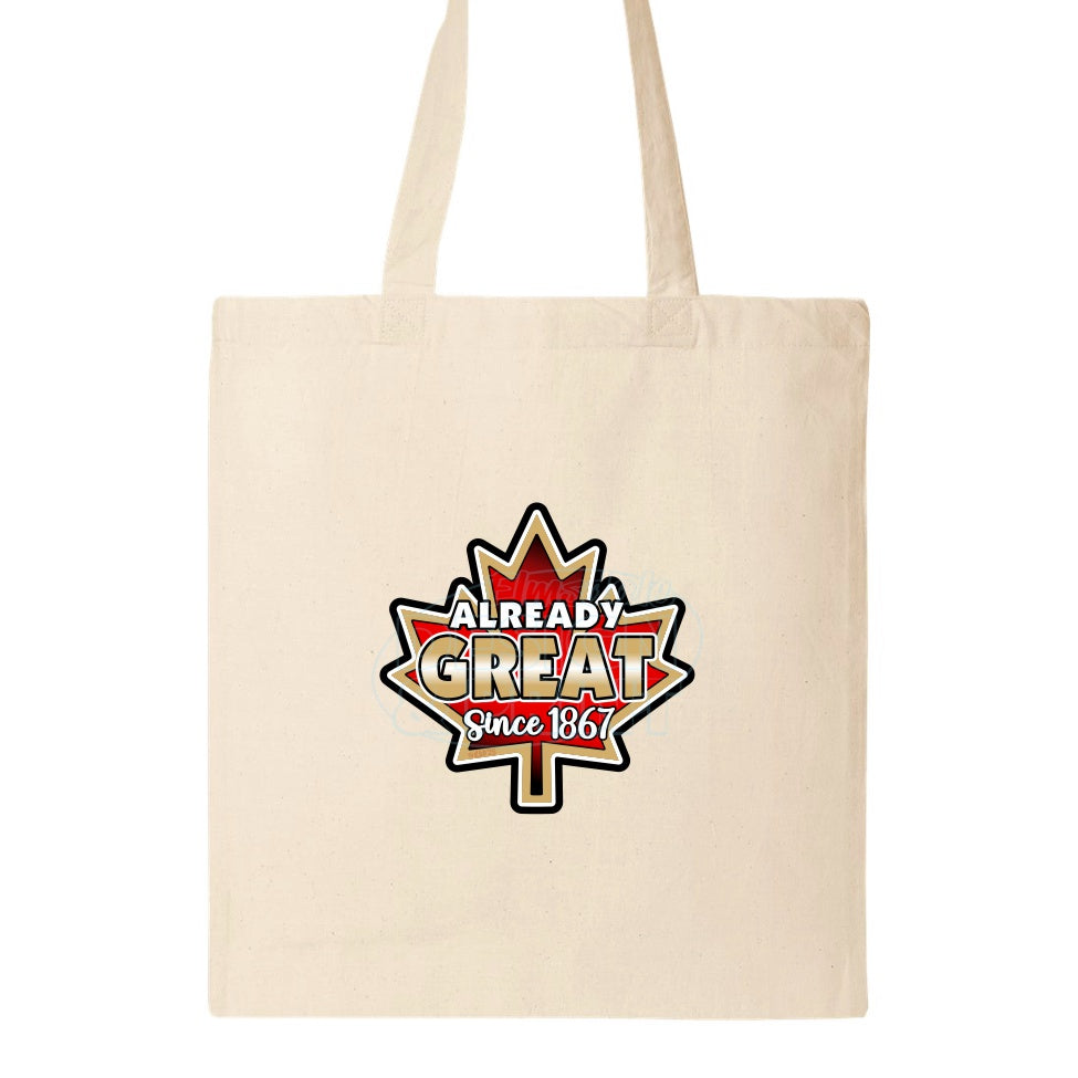 15x16" natural canvas tote bag with A bright red vintage Maple Leaf with gold & black edges & Already Great since 1867