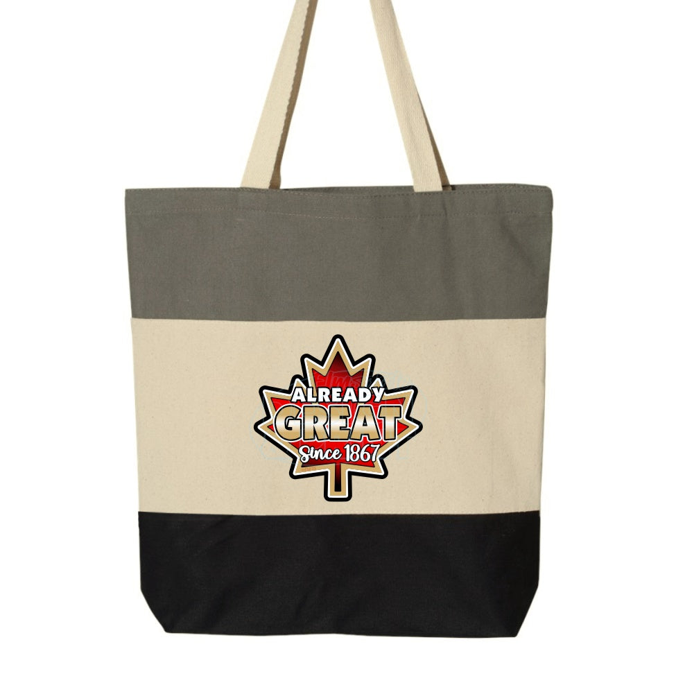 15x16" tri-color canvas tote bag with A bright red vintage Maple Leaf with gold & black edges & Already Great since 1867