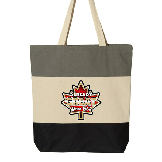 15x16" tri-color canvas tote bag with A bright red vintage Maple Leaf with gold & black edges & Already Great since 1867