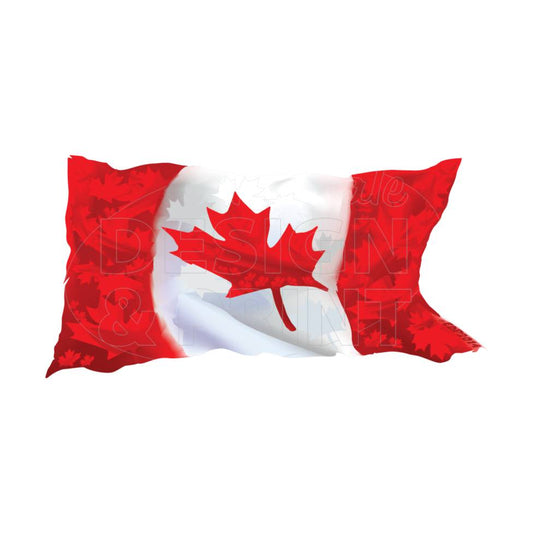 Premium outdoor laminated decal with A waving Canadian Flag made up of small red, white & light gray maple leaf designs