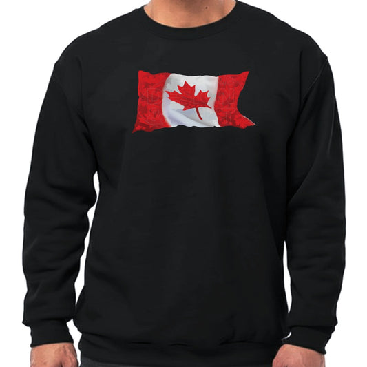 Super soft 12.5oz black sweatshirt with A waving Canadian Flag made up of small red, white & light gray maple leaf designs