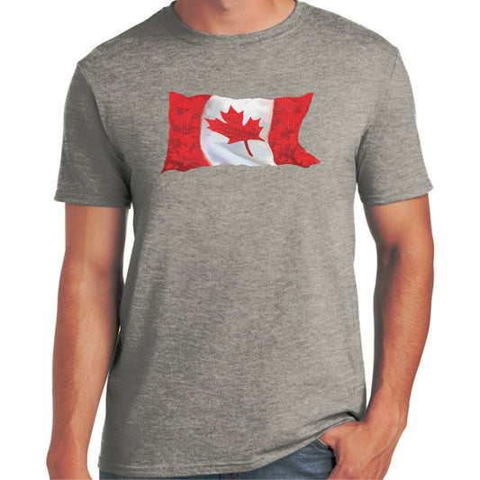 Soft ringspun cotton grey t-shirt with A waving Canadian Flag made up of small red, white & light gray maple leaf designs