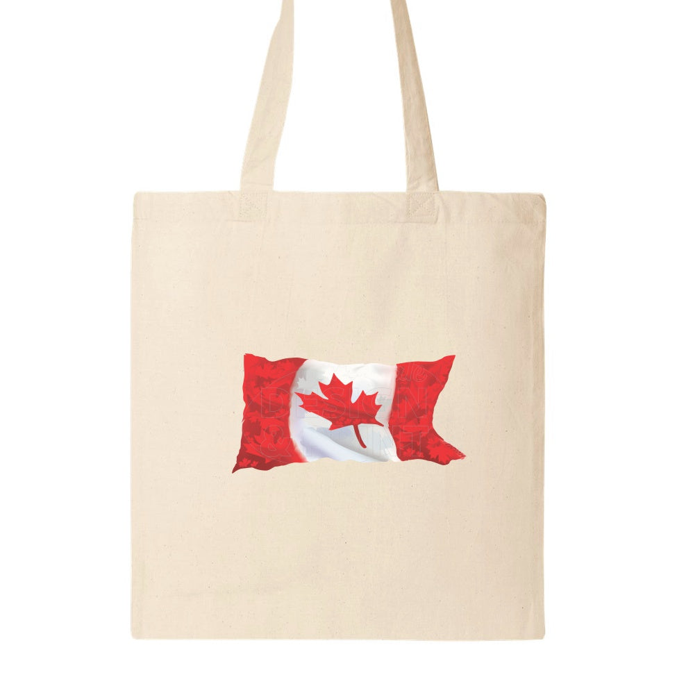 15x16" natural canvas tote bag with A waving Canadian Flag made up of small red, white & light gray maple leaf designs