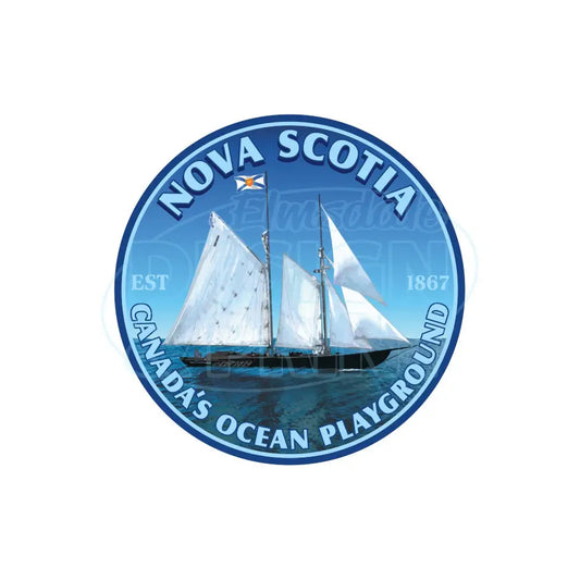 Premium outdoor laminated decal with Sailing schooner with Nova Scotia & Canada’s Ocean Playground in a circular design
