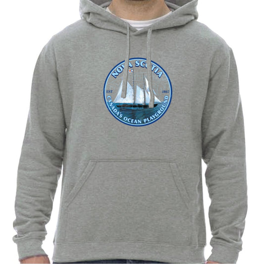 Super soft 12.5oz grey hoodie with Sailing schooner with Nova Scotia & Canada’s Ocean Playground in a circular design
