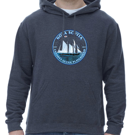 Super soft 12.5oz navy hoodie with Sailing schooner with Nova Scotia & Canada’s Ocean Playground in a circular design