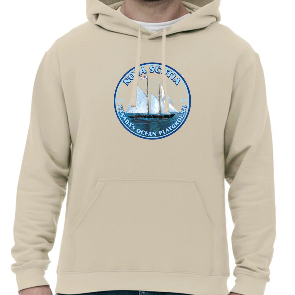 Super soft 12.5oz sand hoodie with Sailing schooner with Nova Scotia & Canada’s Ocean Playground in a circular design