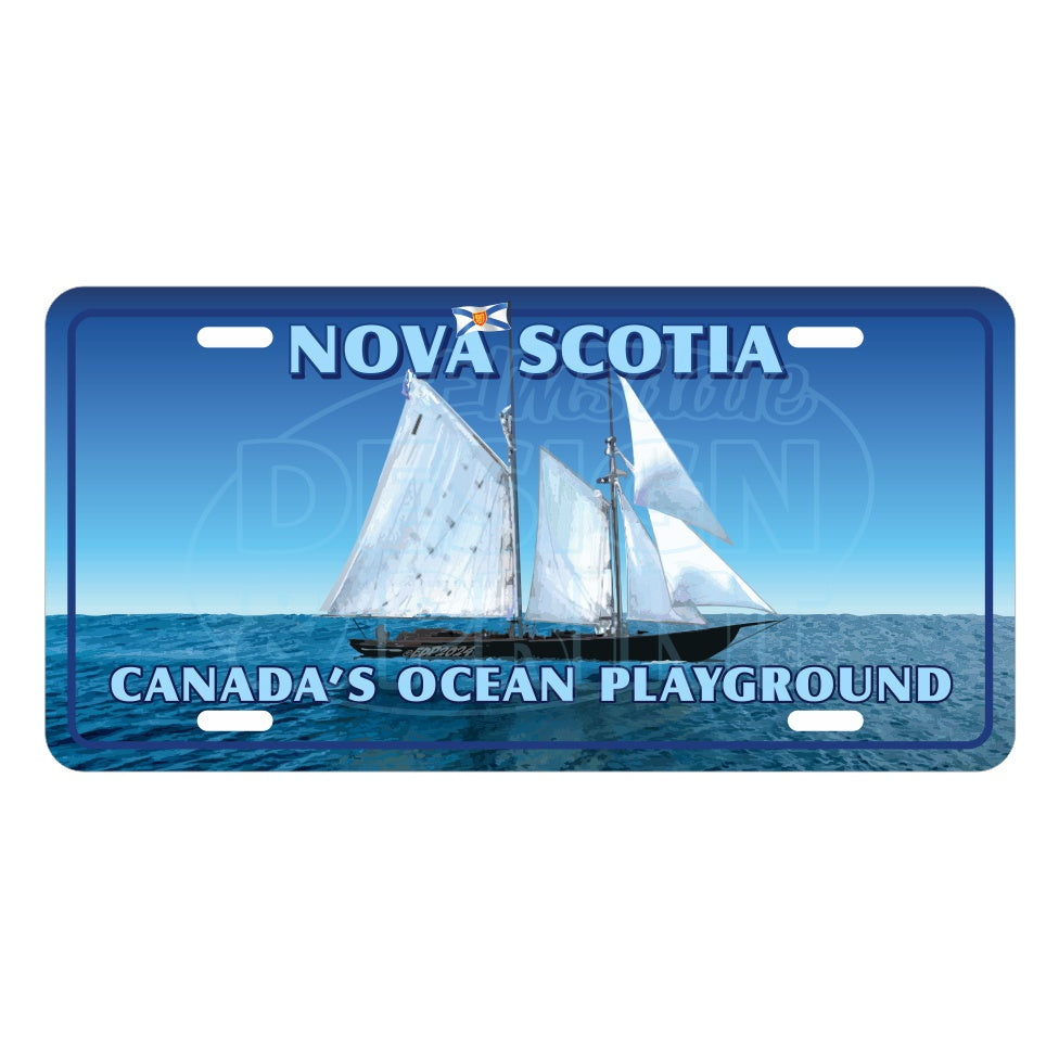6x12" Aluminum License Plate Blue with Sailing schooner with Nova Scotia & Canada’s Ocean Playground in a circular design