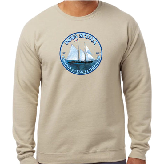 Super soft 12.5oz sand sweatshirt with Sailing schooner with Nova Scotia & Canada’s Ocean Playground in a circular design