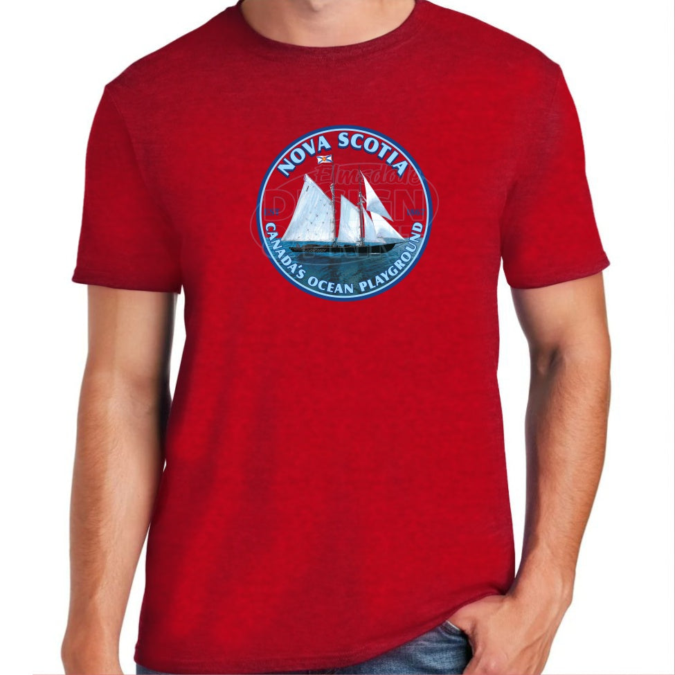 Soft ringspun cotton red t-shirt with Sailing schooner with Nova Scotia & Canada’s Ocean Playground in a circular design