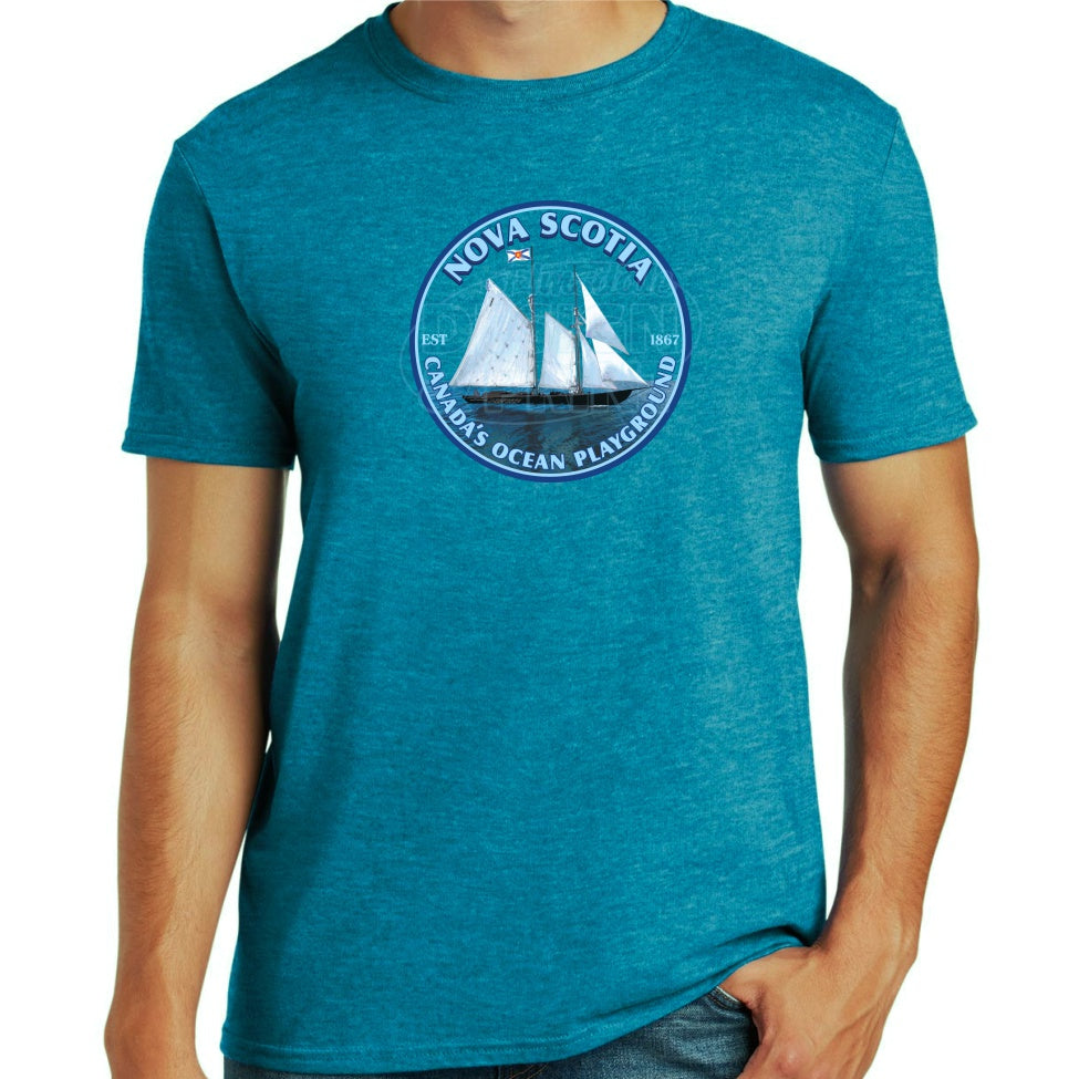 Soft ringspun cotton blue t-shirt with Sailing schooner with Nova Scotia & Canada’s Ocean Playground in a circular design