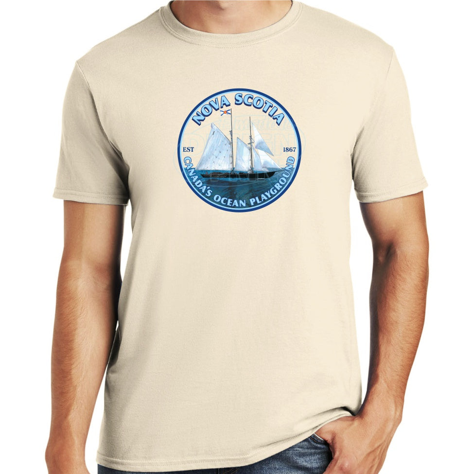 Soft ringspun cotton sand t-shirt with Sailing schooner with Nova Scotia & Canada’s Ocean Playground in a circular design