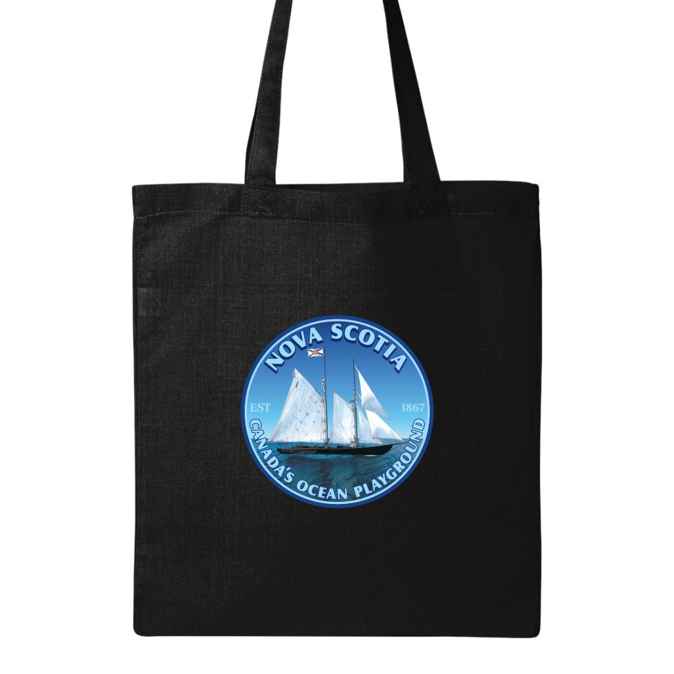 15x16" solid black canvas tote bag with Sailing schooner with Nova Scotia & Canada’s Ocean Playground in a circular design