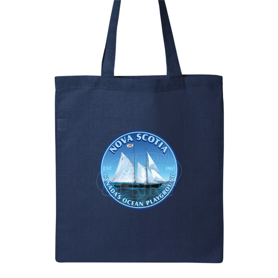 15x16" solid navy canvas tote bag with Sailing schooner with Nova Scotia & Canada’s Ocean Playground in a circular design