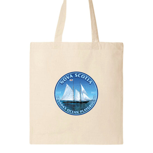 15x16" natural canvas tote bag with Sailing schooner with Nova Scotia & Canada’s Ocean Playground in a circular design