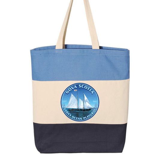 15x16" tri-color canvas tote bag with Sailing schooner with Nova Scotia & Canada’s Ocean Playground in a circular design