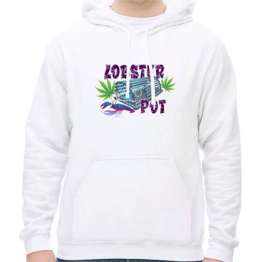 Super soft 12.5oz white hoodie with Colorful blue gray Lobster Pot, bright green weed leaves & purple blue lobster design