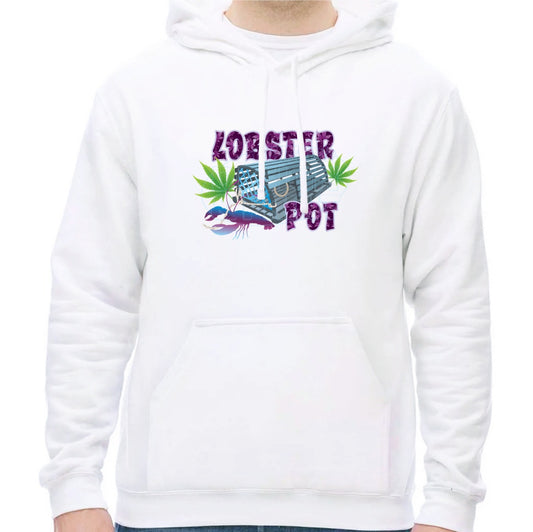 Super soft 12.5oz white hoodie with Colorful blue gray Lobster Pot, bright green weed leaves & purple blue lobster design