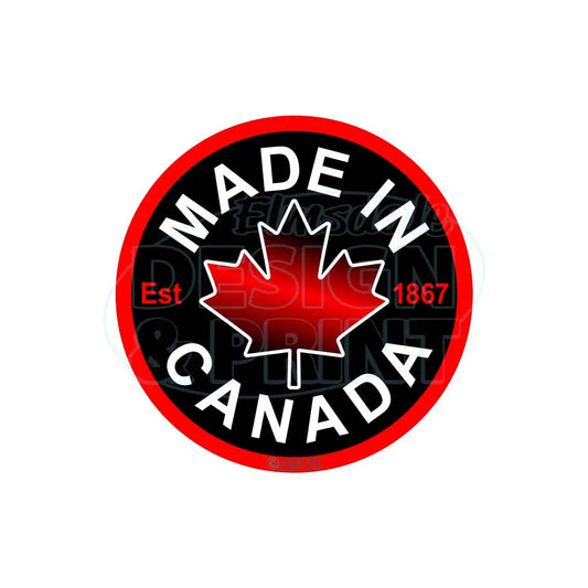 Premium outdoor laminated decal with Circular design with Made in Canada & a centered bright red maple leaf & Est.1867