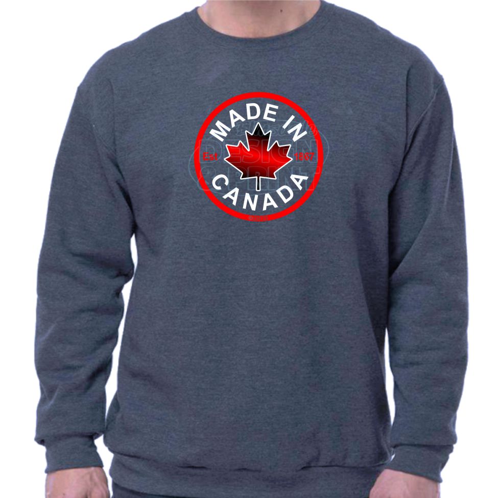 Super soft 12.5oz navy sweatshirt with Circular design with Made in Canada & a centered bright red maple leaf & Est.1867