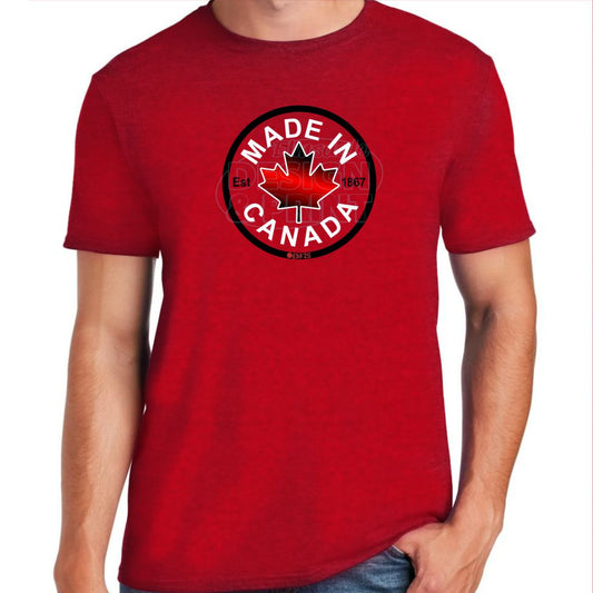 Soft ringspun cotton red t-shirt with Circular design with Made in Canada & a centered bright red maple leaf & Est.1867