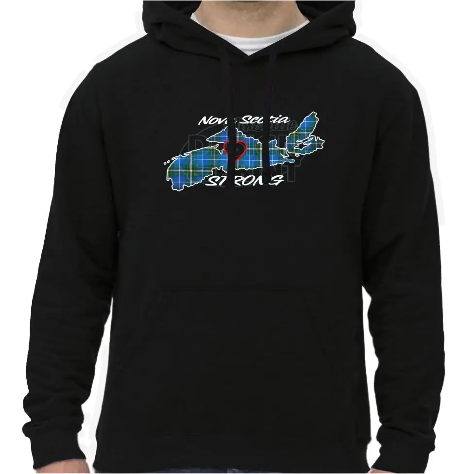 Super soft 12.5oz black hoodie with The province of Nova Scotia in Blue Tartan with Nova Scotia Strong in white & navy