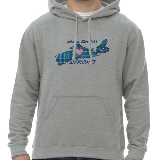 Super soft 12.5oz grey hoodie with The province of Nova Scotia in Blue Tartan with Nova Scotia Strong in white & navy