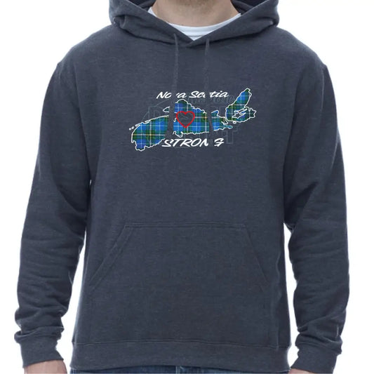 Super soft 12.5oz navy hoodie with The province of Nova Scotia in Blue Tartan with Nova Scotia Strong in white & navy