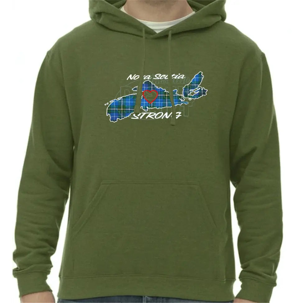 Super soft 12.5oz green hoodie with The province of Nova Scotia in Blue Tartan with Nova Scotia Strong in white & navy