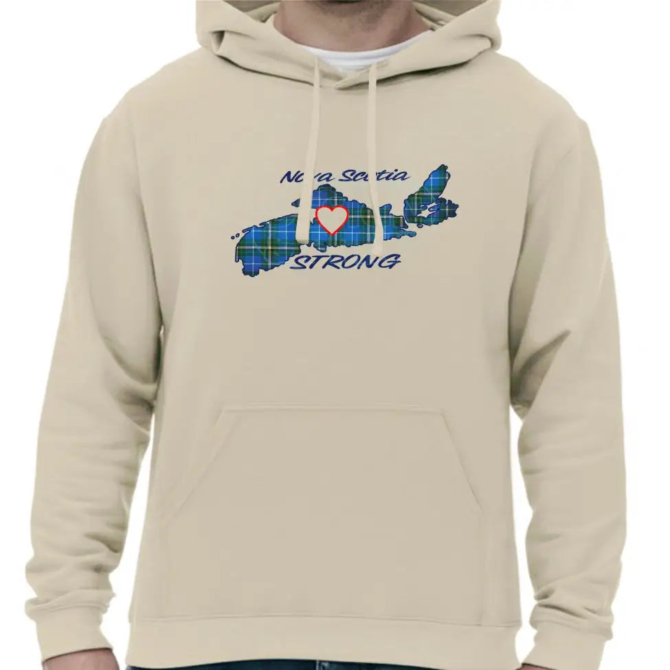 Super soft 12.5oz sand hoodie with The province of Nova Scotia in Blue Tartan with Nova Scotia Strong in white & navy