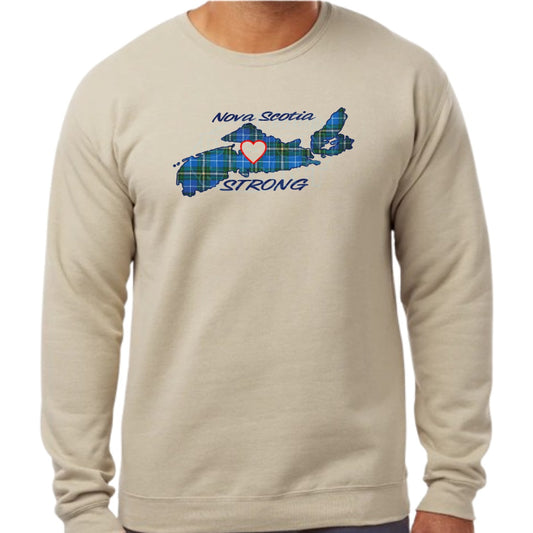 Super soft 12.5oz sand sweatshirt with The province of Nova Scotia in Blue Tartan with Nova Scotia Strong in white & navy