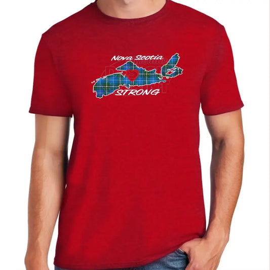 Soft ringspun cotton red t-shirt with The province of Nova Scotia in Blue Tartan with Nova Scotia Strong in white & navy