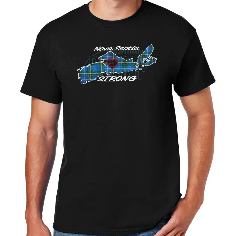 Soft ringspun cotton black t-shirt with The province of Nova Scotia in Blue Tartan with Nova Scotia Strong in white & navy