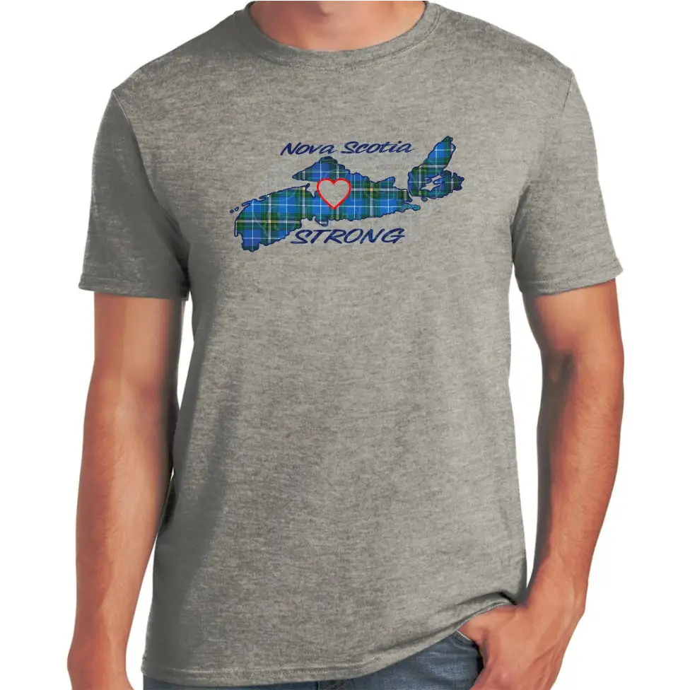 Soft ringspun cotton grey t-shirt with The province of Nova Scotia in Blue Tartan with Nova Scotia Strong in white & navy