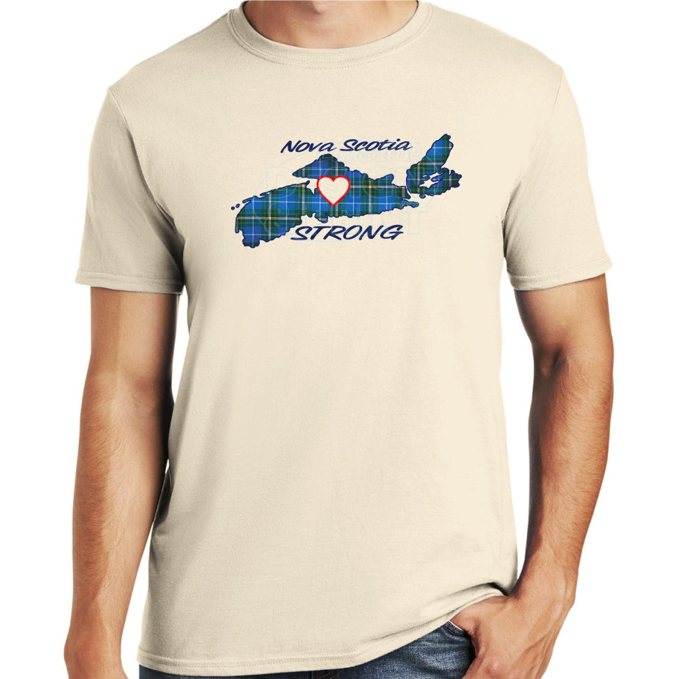 Soft ringspun cotton sand t-shirt with The province of Nova Scotia in Blue Tartan with Nova Scotia Strong in white & navy