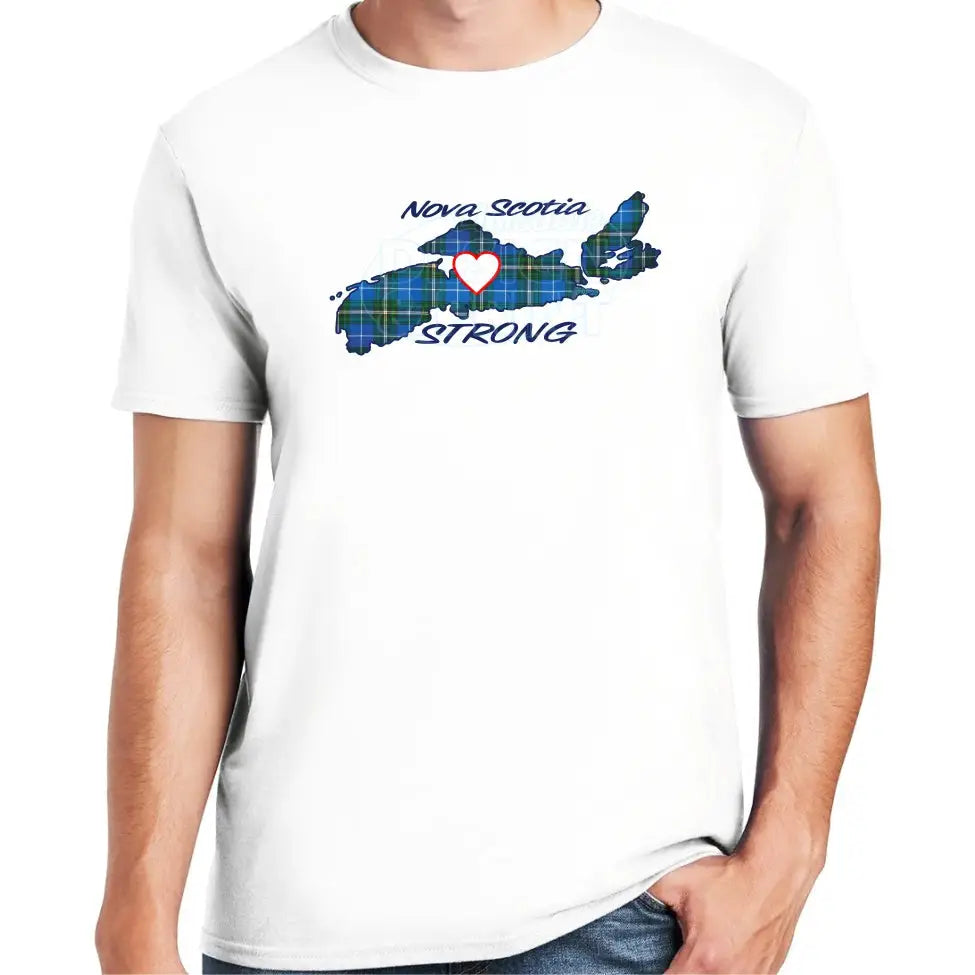 Soft ringspun cotton white t-shirt with The province of Nova Scotia in Blue Tartan with Nova Scotia Strong in white & navy