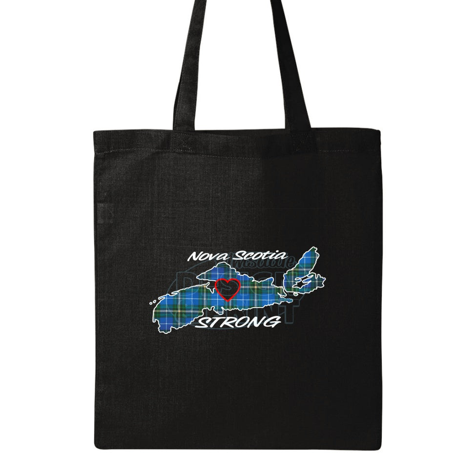 15x16" solid black canvas tote bag with The province of Nova Scotia in Blue Tartan with Nova Scotia Strong in white & navy