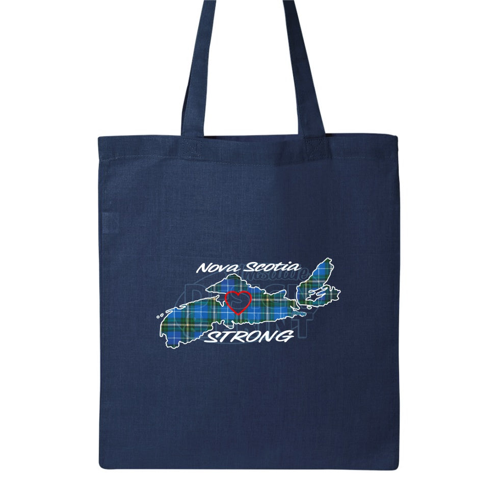 15x16" solid navy canvas tote bag with The province of Nova Scotia in Blue Tartan with Nova Scotia Strong in white & navy