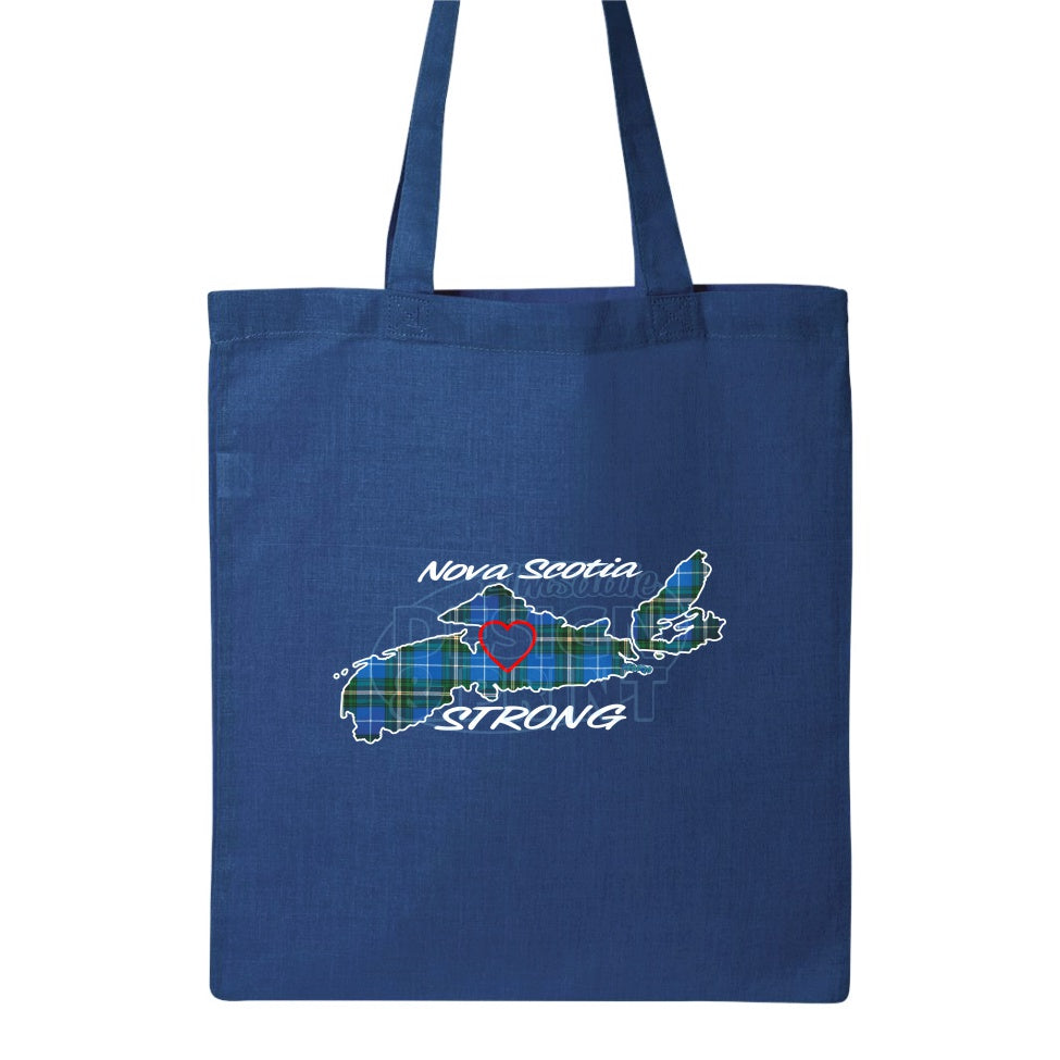 15x16" solid royal canvas tote bag with The province of Nova Scotia in Blue Tartan with Nova Scotia Strong in white & navy