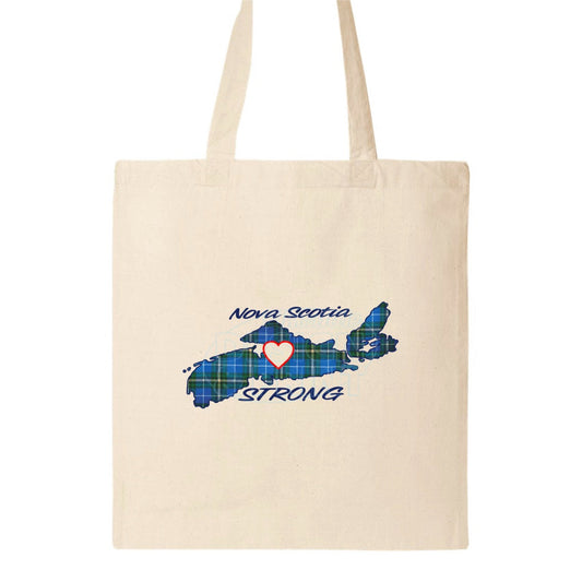 15x16" natural canvas tote bag with The province of Nova Scotia in Blue Tartan with Nova Scotia Strong in white & navy