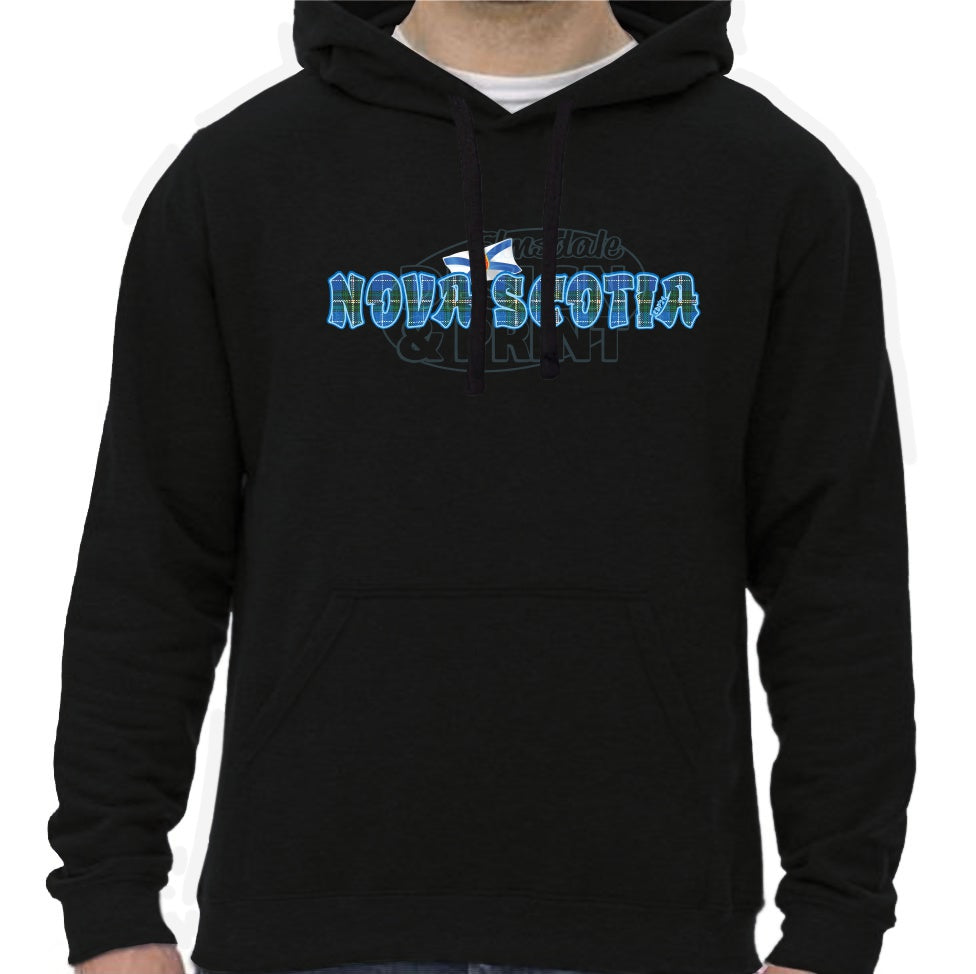 Super soft 12.5oz black hoodie with Nova Scotia written in Blue Tartan with blue outlines & a Nova Scotia provincial flag