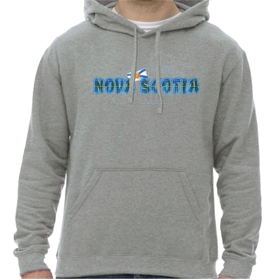 Super soft 12.5oz grey hoodie with Nova Scotia written in Blue Tartan with blue outlines & a Nova Scotia provincial flag