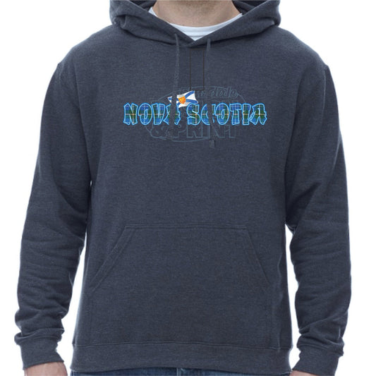 Super soft 12.5oz navy hoodie with Nova Scotia written in Blue Tartan with blue outlines & a Nova Scotia provincial flag