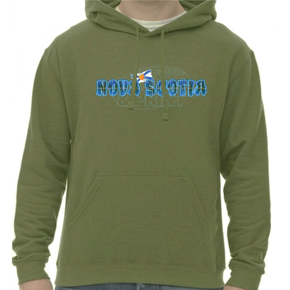 Super soft 12.5oz green hoodie with Nova Scotia written in Blue Tartan with blue outlines & a Nova Scotia provincial flag
