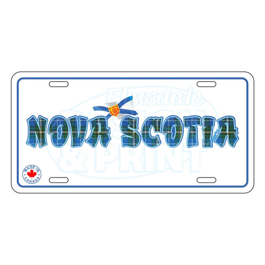 6x12" Aluminum License Plate White with Nova Scotia written in Blue Tartan with blue outlines & a Nova Scotia provincial flag